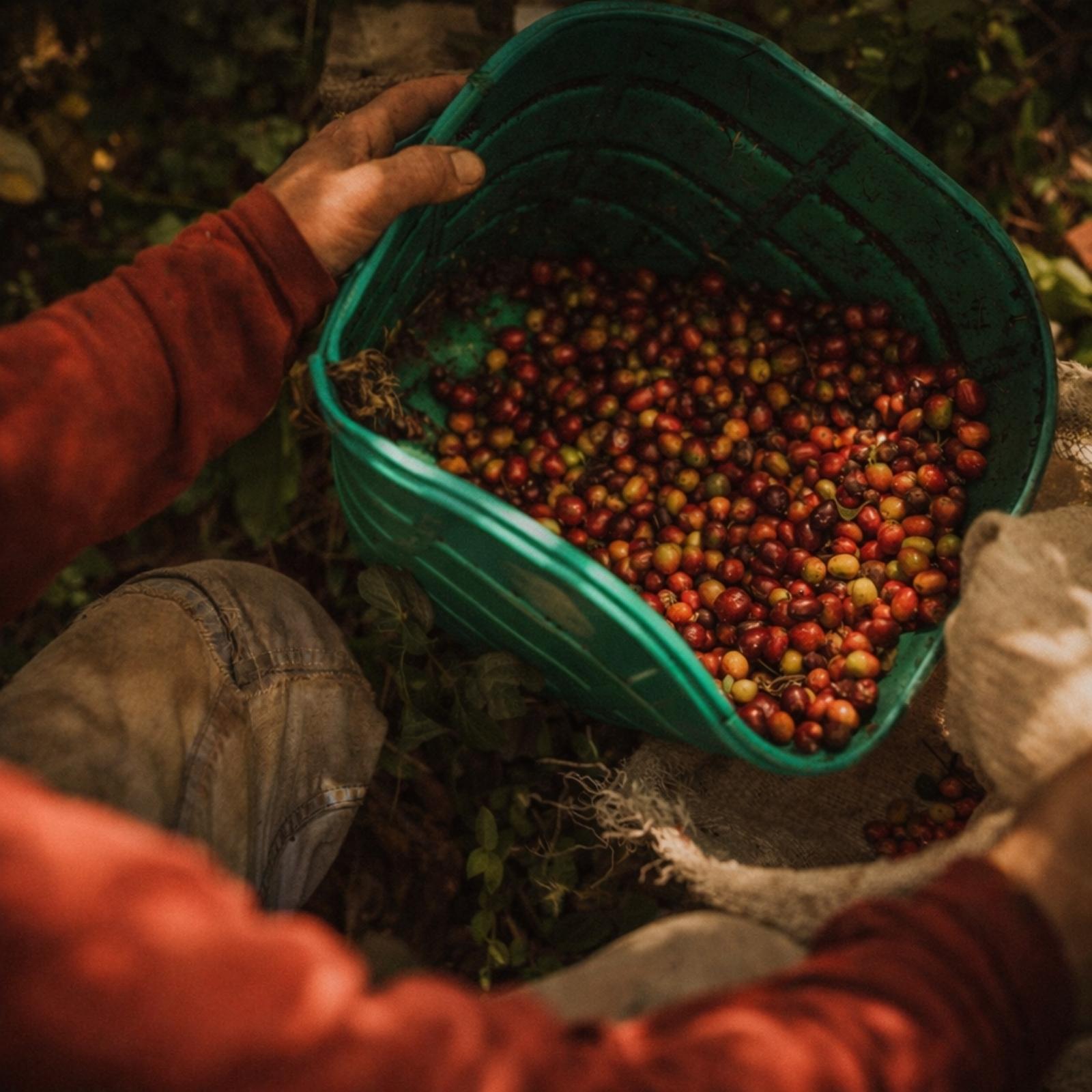 Fresh coffee cherry picking in Guatemala.