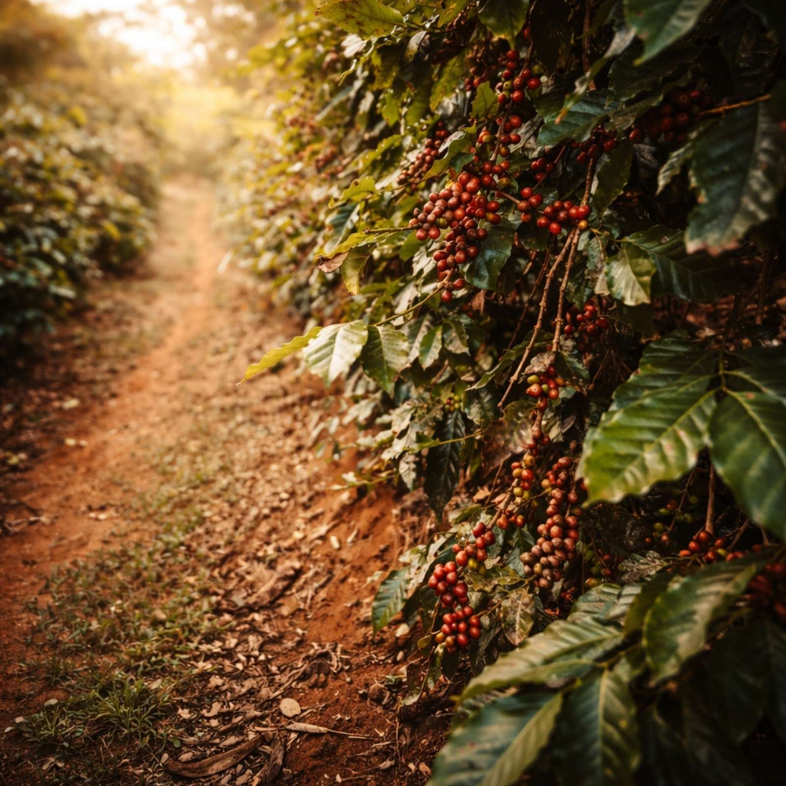 Ethiopian coffee plants with fresh cherries next to walking path.