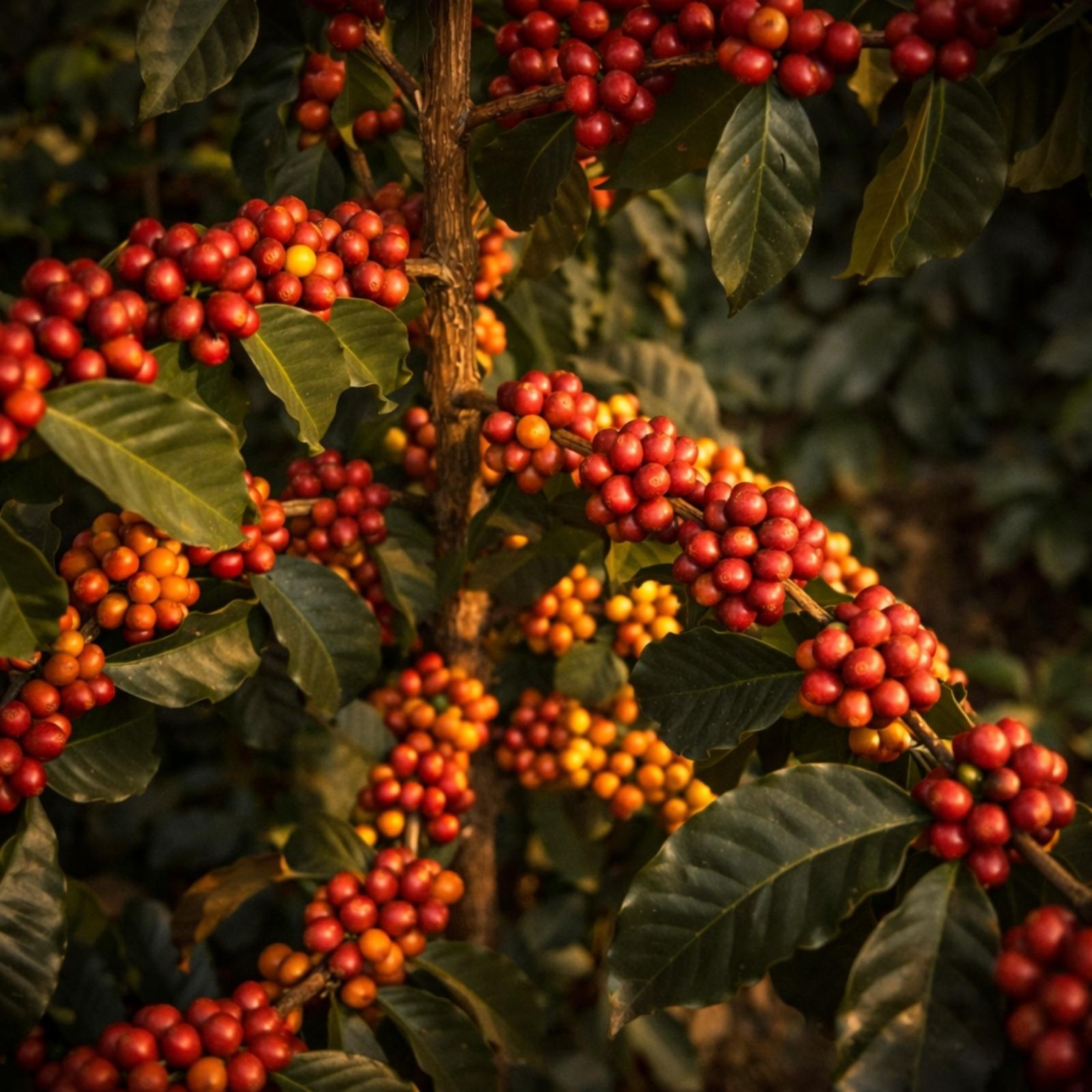 Sumatra coffee plants with ripe cherries at sunset.