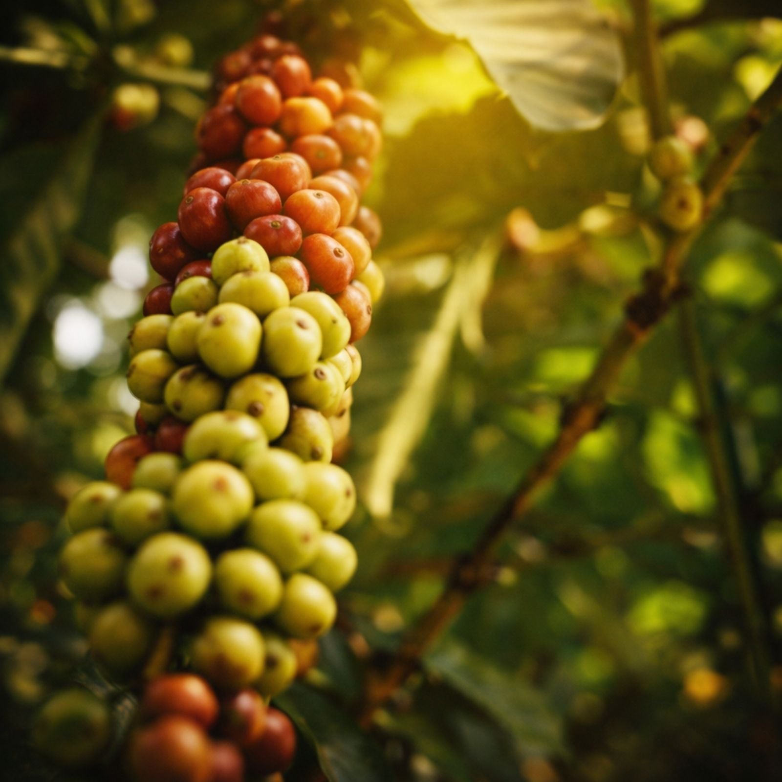 Javanese coffee cherries growing in the sunlight.