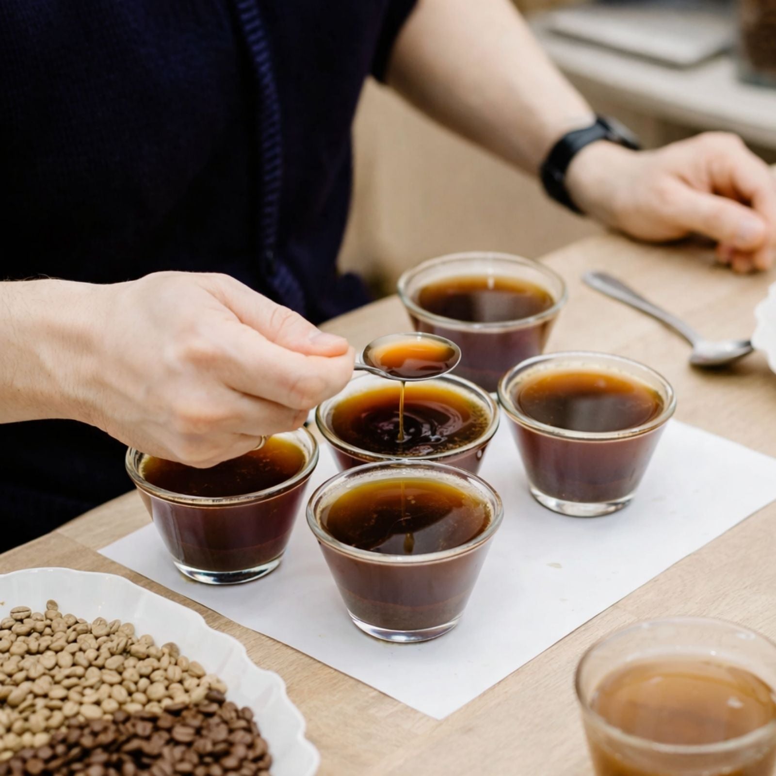 Specialty coffee beans evaluated for quality and consistency, representing grading standards and cupping scores