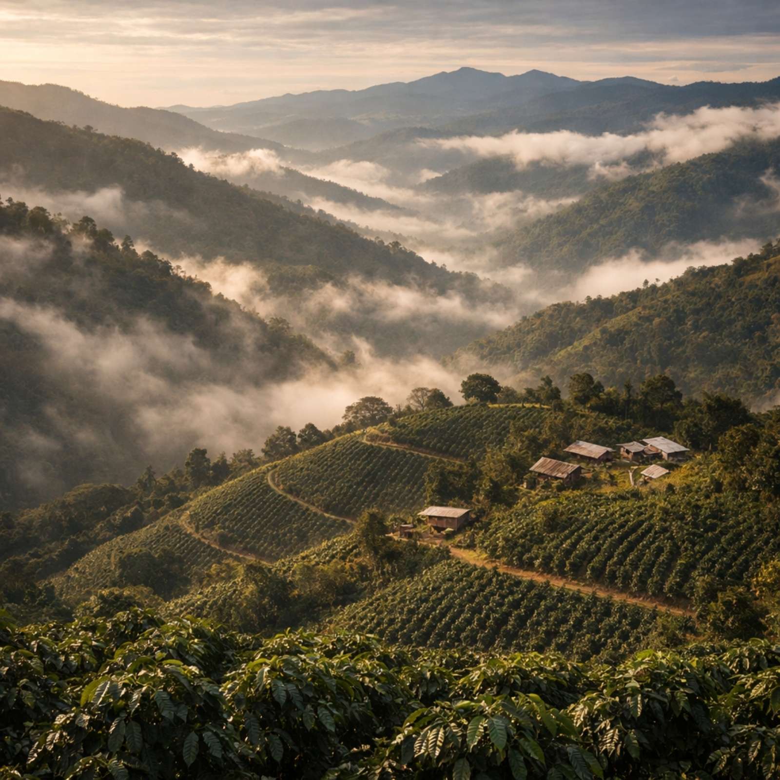 High-altitude coffee farm growing on mountain slopes with cool climate and misty conditions