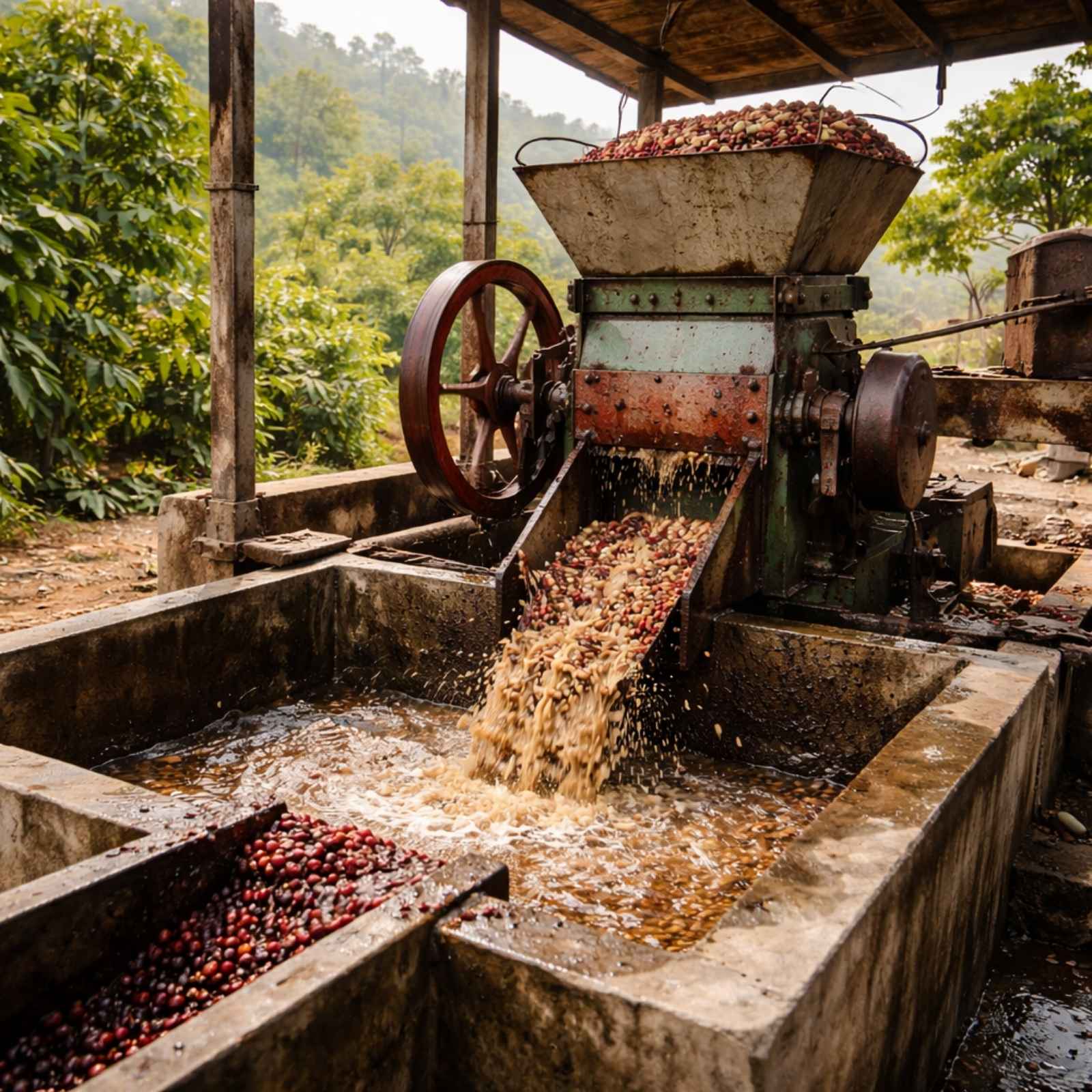 Coffee cherries being processed through a mechanical pulping machine at a rural coffee farm processing station