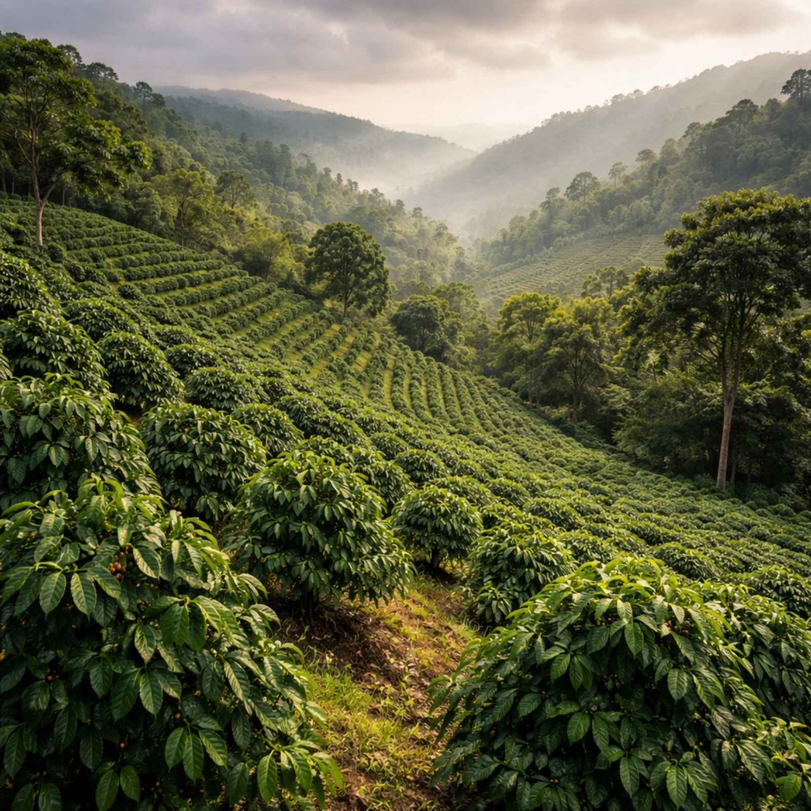 High-altitude coffee farm with terraced rows of coffee trees growing across misty mountain slopes