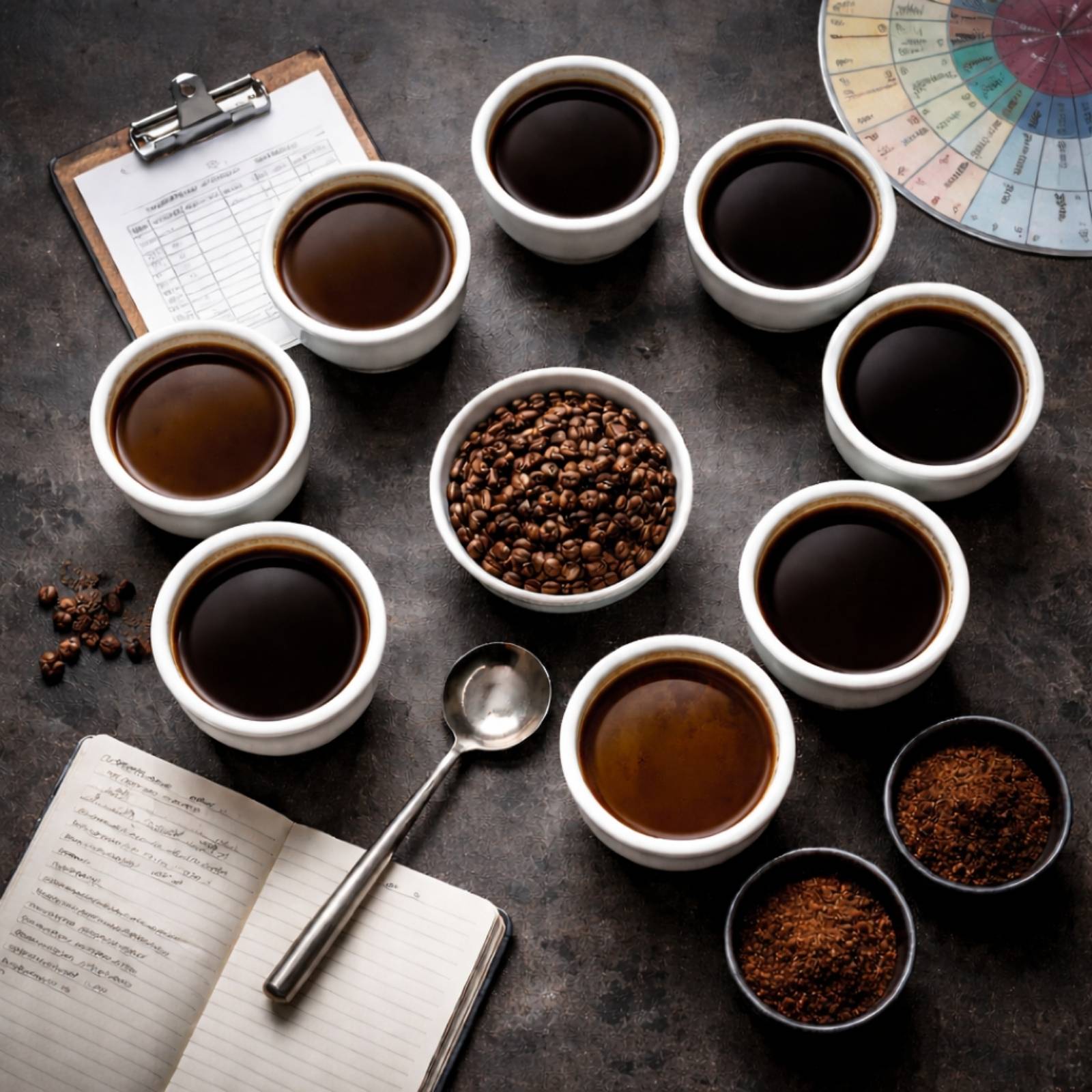 Overhead view of a coffee cupping session with multiple cups showing varying brew levels and color differences for sensory evaluation