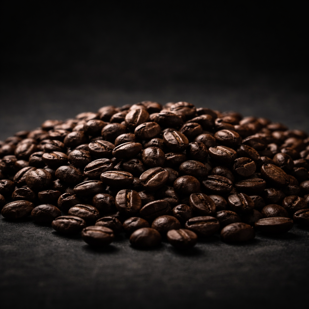 Whole roasted coffee beans resting after roasting in a dark studio setting.