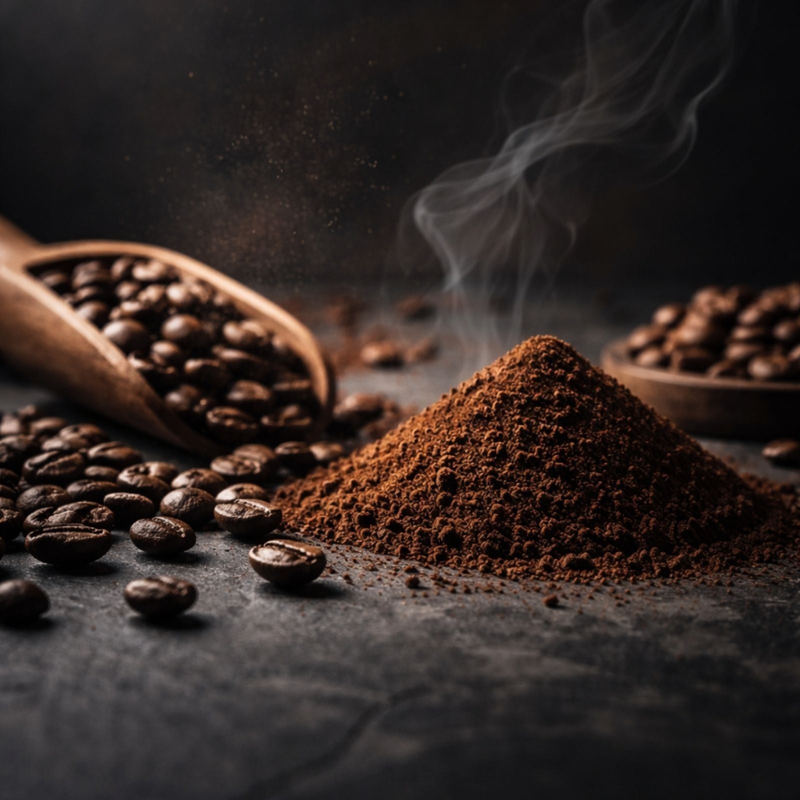 Photorealistic studio image of whole and ground coffee beans representing caffeine content in coffee.