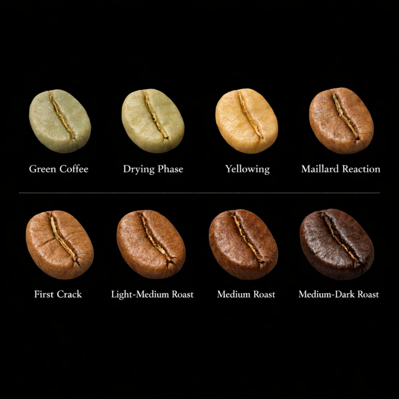Coffee roast progression showing bean color development and labeled stages from green to dark roast