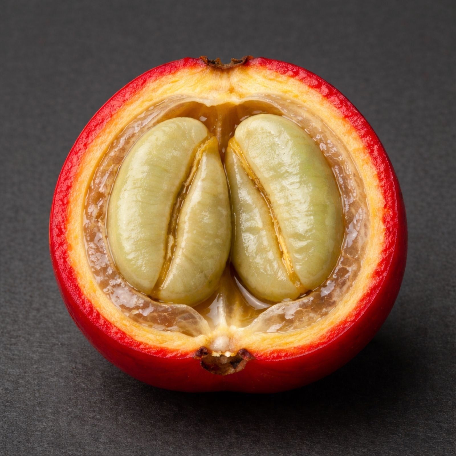 Annotated cross-section of a coffee cherry on a dark charcoal background, showing the outer skin, pulp, mucilage, parchment, and coffee beans with labeled arrows for each layer