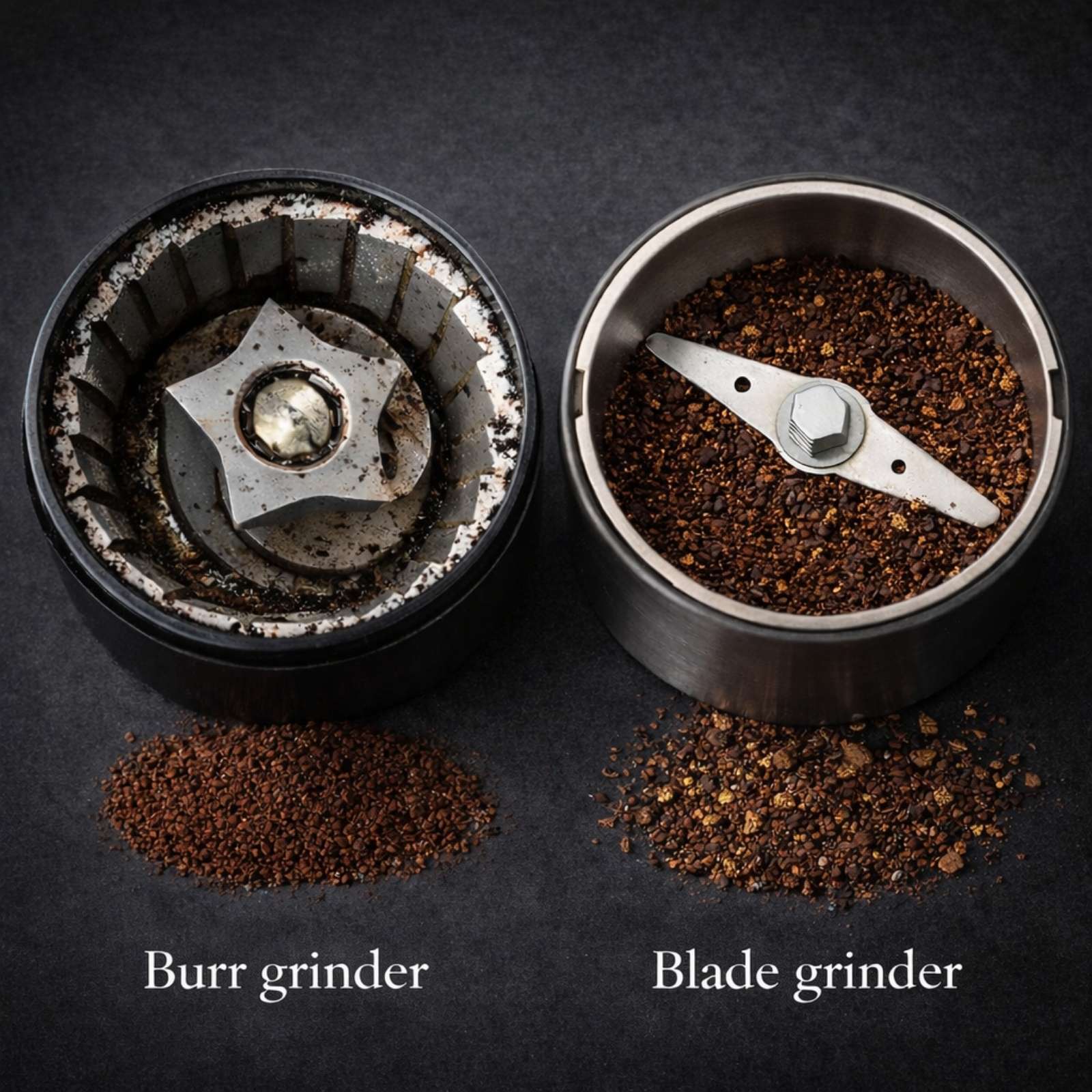 Side-by-side comparison of a burr grinder and a blade grinder on a dark charcoal surface, showing evenly ground coffee from the burr grinder and uneven mixed-size grounds from the blade grinder.