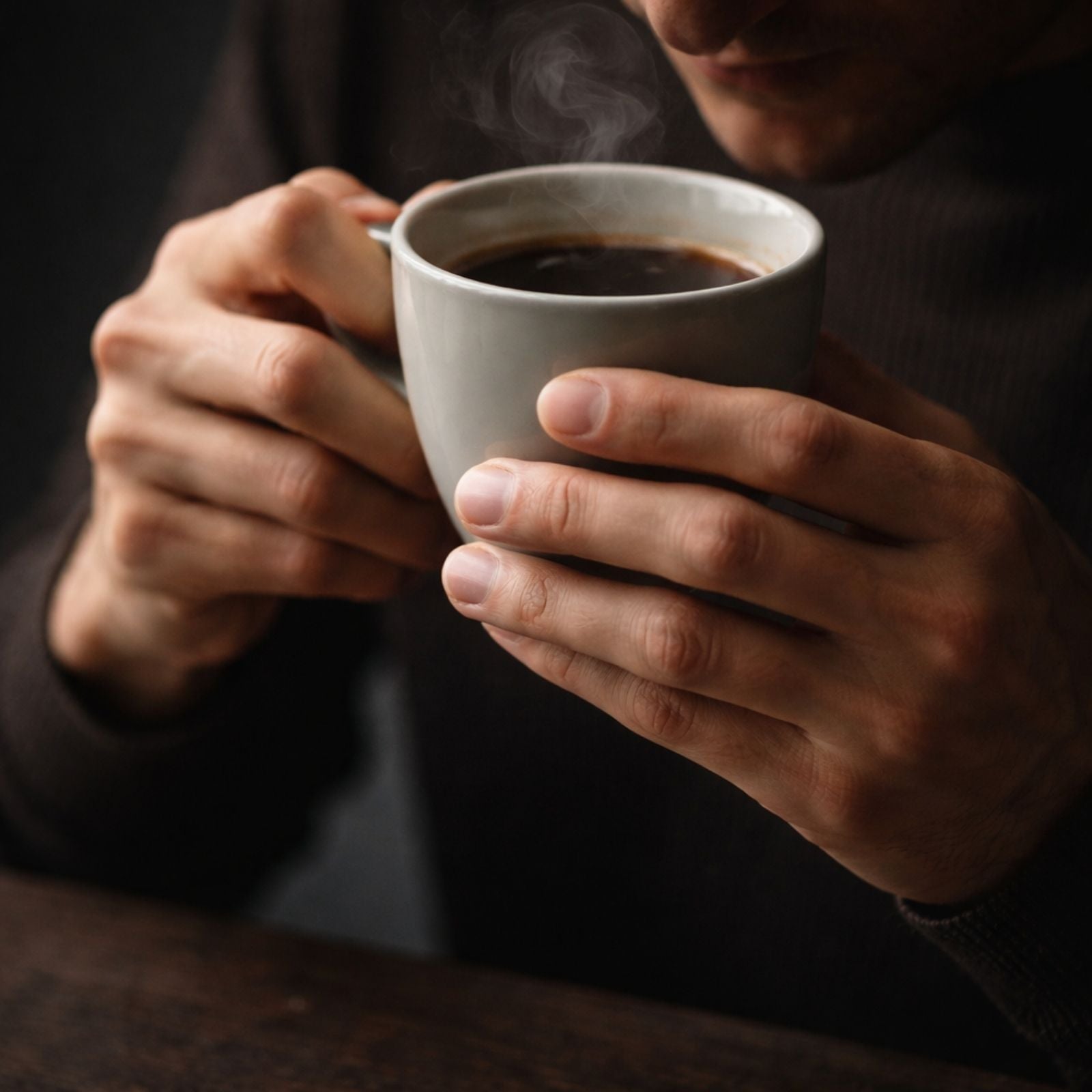 Faceless close-up of hands holding a ceramic coffee cup with steam rising in a dark, cinematic setting, illustrating the act of tasting coffee.