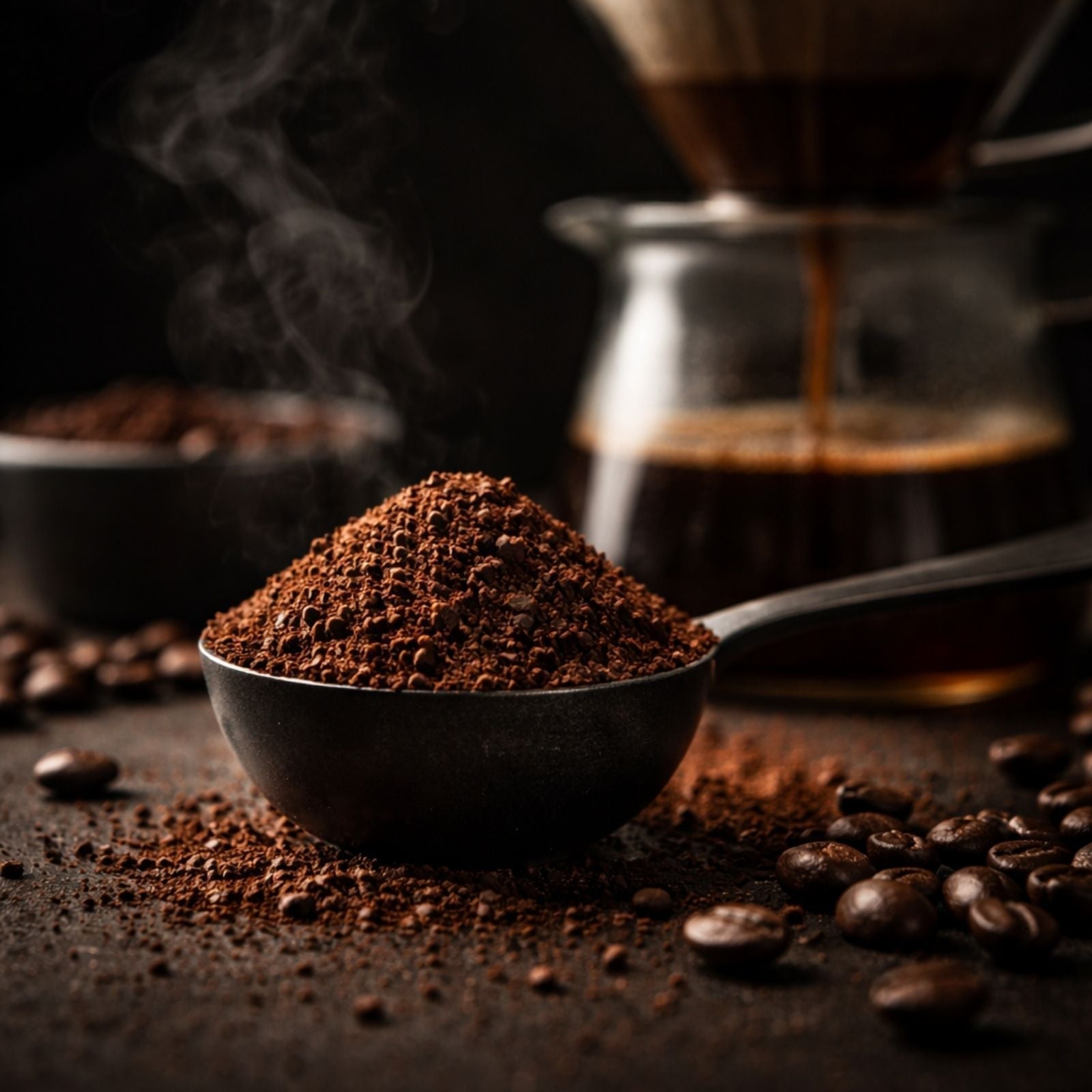 Close-up of finely ground coffee overflowing from a dark spoon with steam rising and brewed coffee in the background, illustrating extraction intensity and bitterness in coffee brewing.