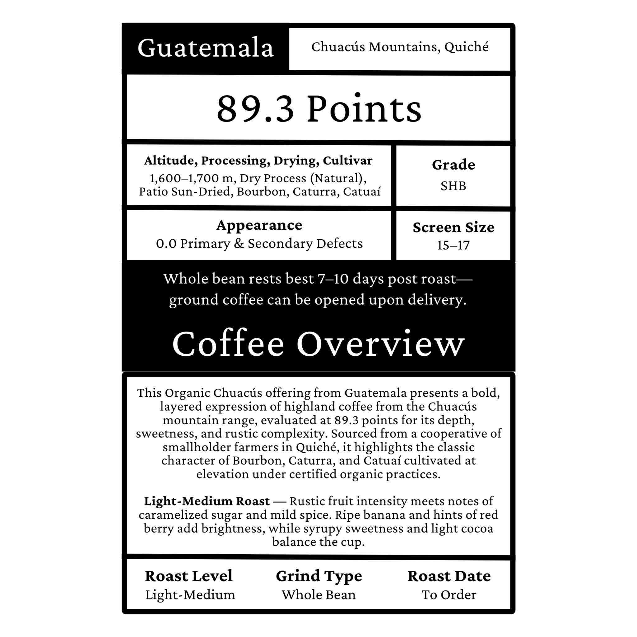Guatemala Organic Chuacús - Dry Process, Bourbon, Caturra, Catuaí, SHB