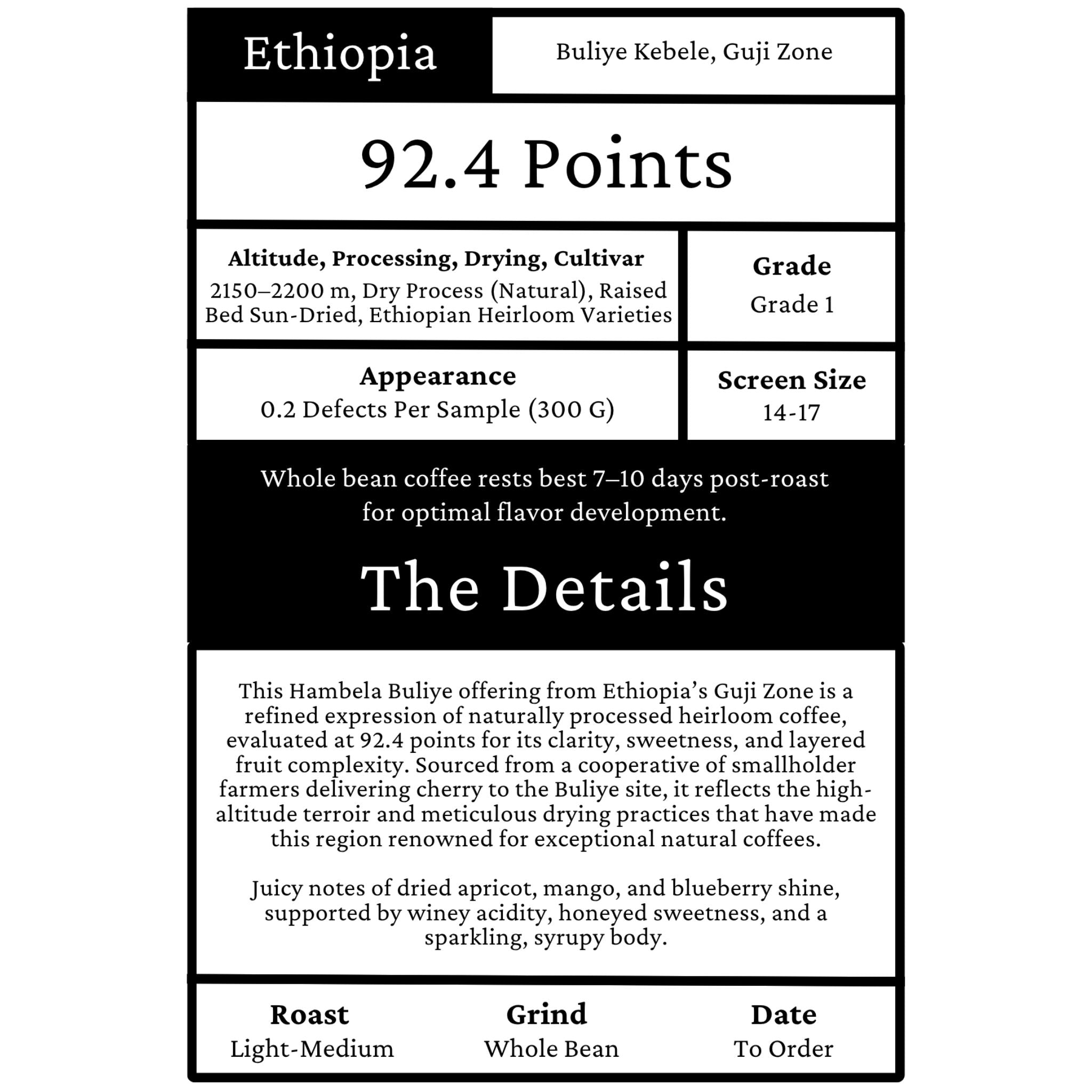 Ethiopia Hambela Buliye Guji Zone Grade 1