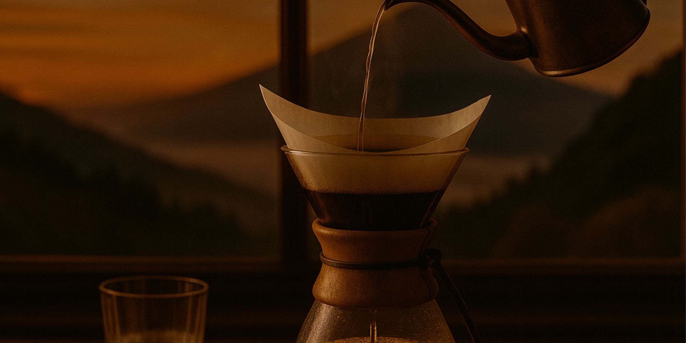 Pour-over brewing of single-origin coffee with a mountain landscape in the background