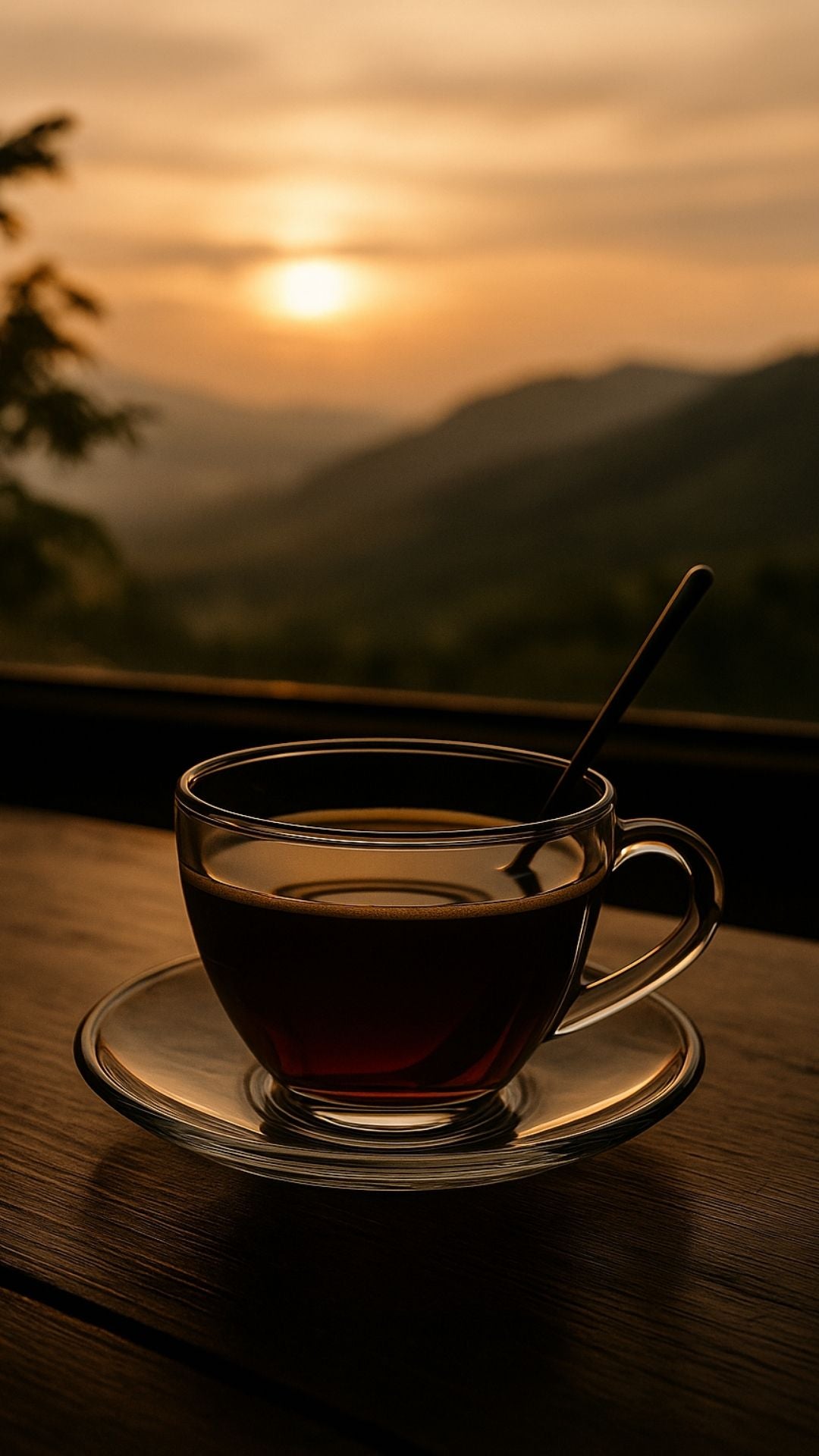 Cup of Jamaican Blue Mountain coffee on a table overlooking a mountain landscape