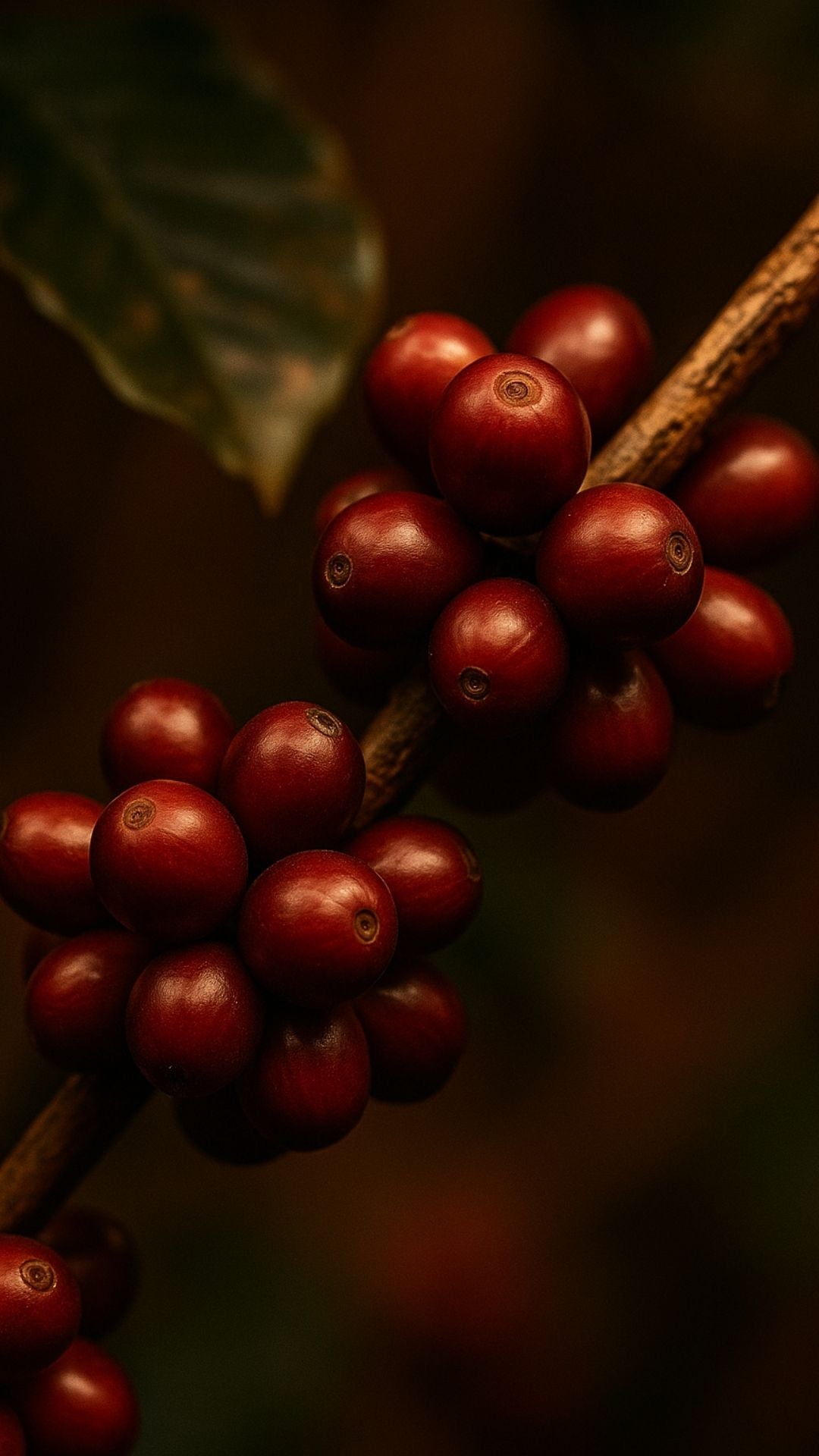 Jamaican Blue Mountain coffee plant with ripe red cherries growing in a lush mountain environment
