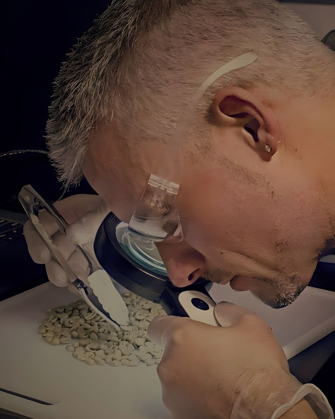 Close-up of hand sorting coffee beans to remove defects during quality control