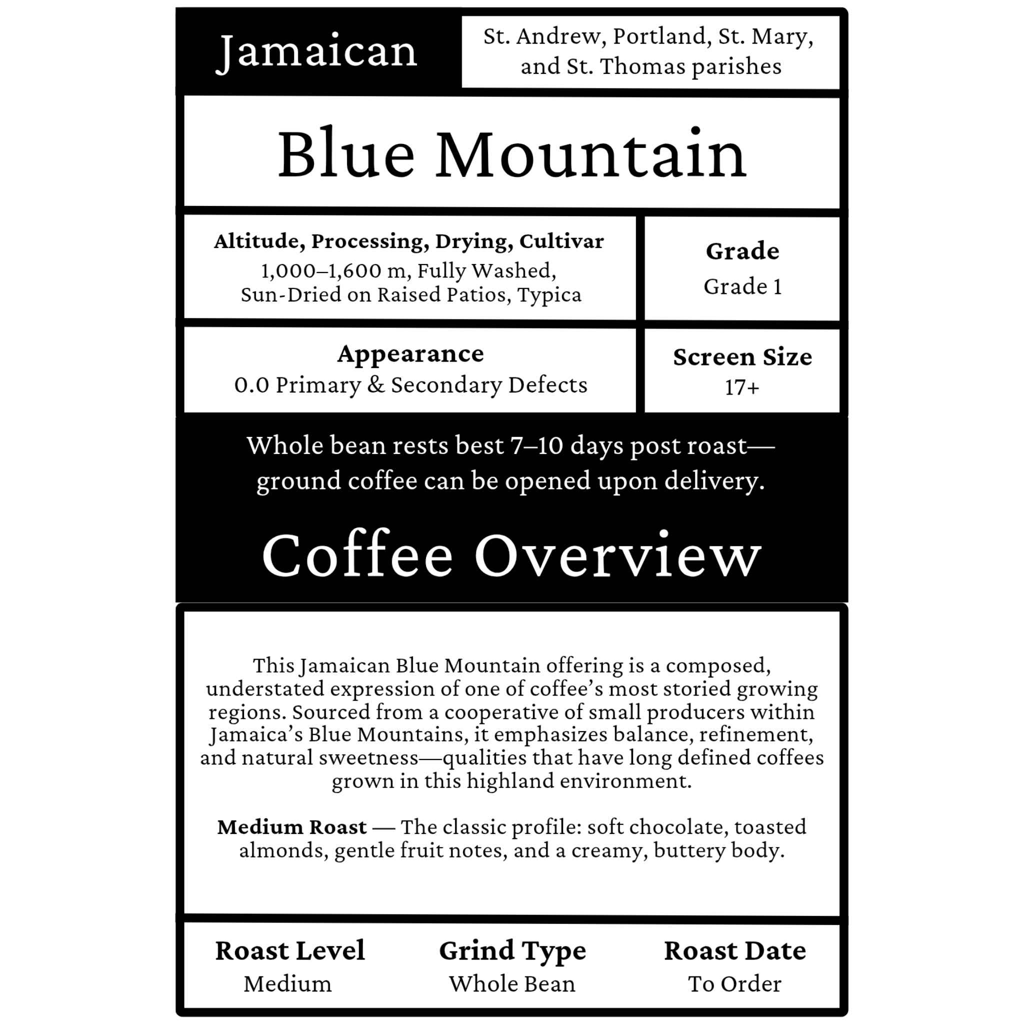 Jamaican Blue Mountain - Washed Process, Typica, Grade 1